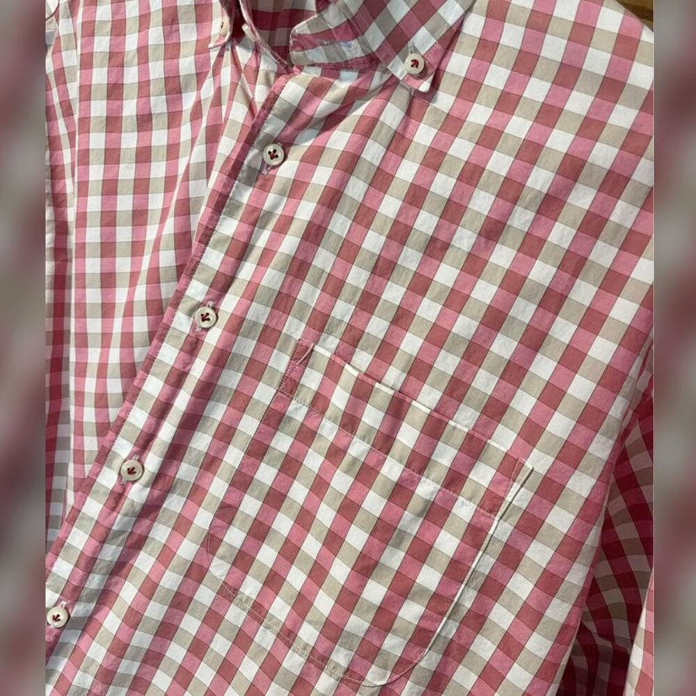Peter Millar Gingham Pink Brown Plaid Button Up Dress Shirt Men’s size L